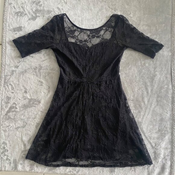 Solemio Black Lace Fit & Flare Dress Women's Size Large Whimsigoth Dark Fairy - Picture 1 of 8